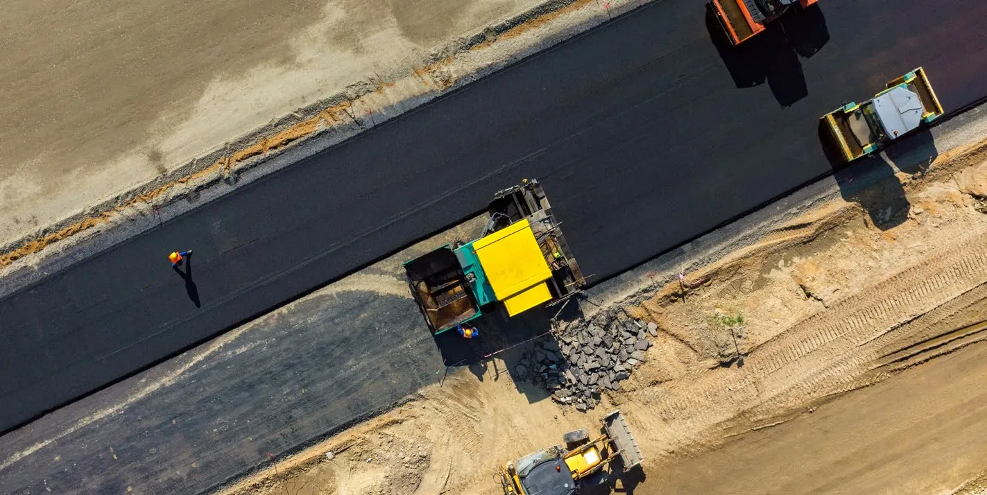 Aerial view of road construction using composite materials