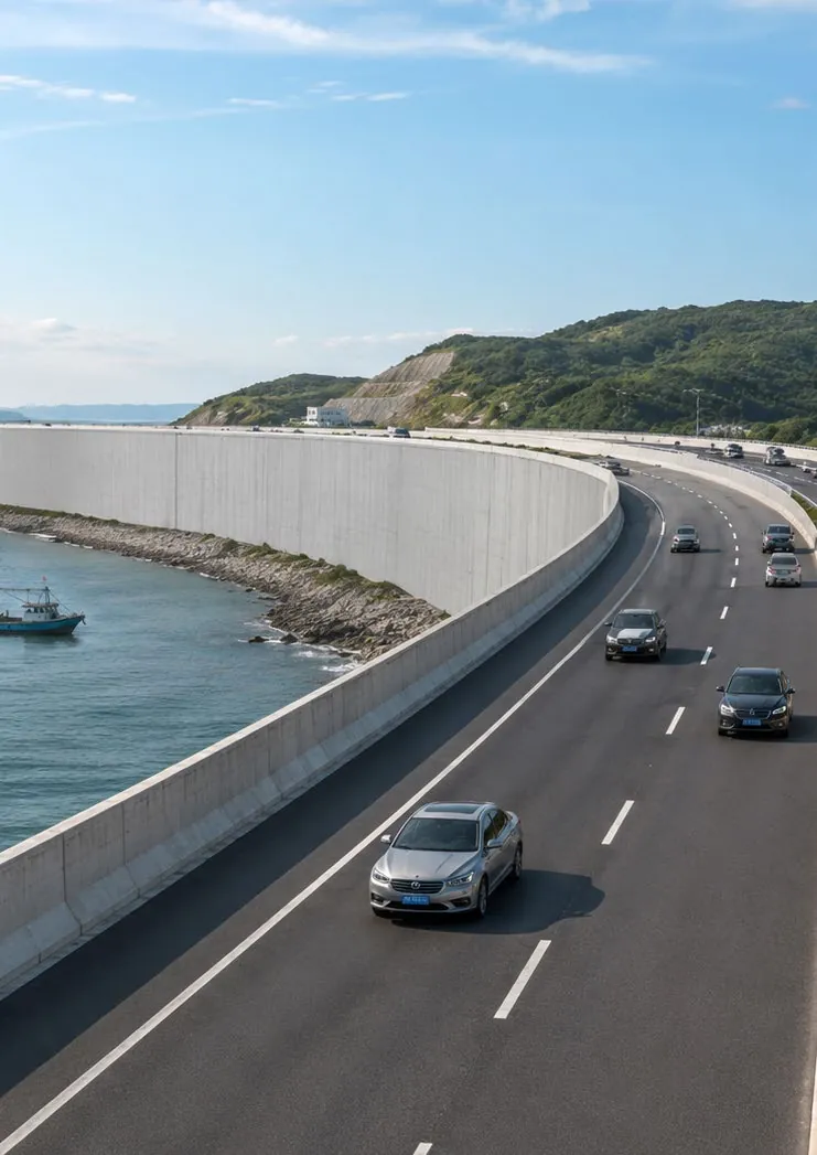 Coastal highway with a composite seawall